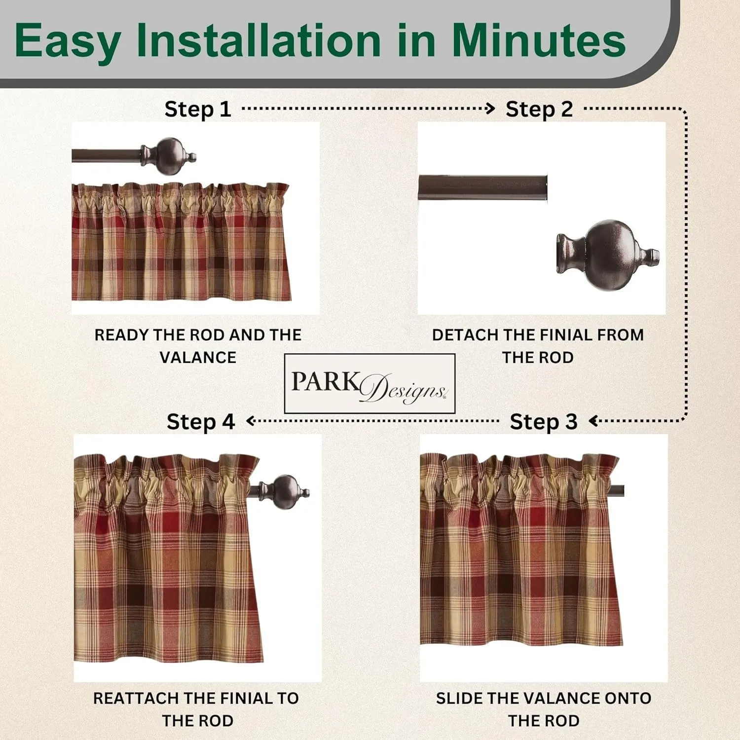 Park Designs Farmhouse Kitchen Valances for Windows - Red Heartside | Fall Decor Window Valance | Plaid Curtain Valances for Windows | 72" x 14"