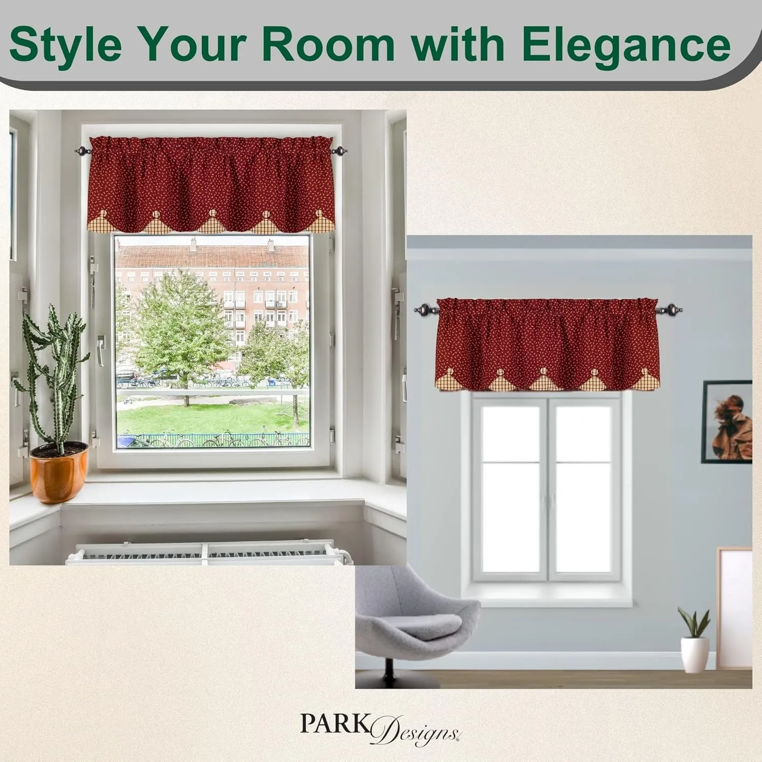 Park Designs Red Apple Jack Lined Scallop Valance - 58" x 15" | Farmhouse Window Treatment | Country Chic Plaid Curtain | Rod Pocket Panel for Kitchen, Living Room, or Bathroom