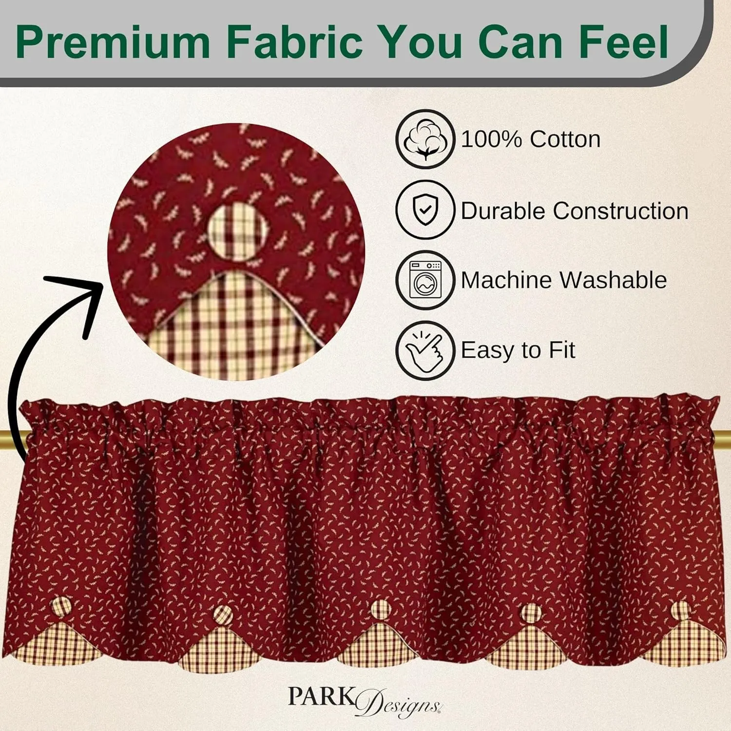 Park Designs Red Apple Jack Lined Scallop Valance - 58" x 15" | Farmhouse Window Treatment | Country Chic Plaid Curtain | Rod Pocket Panel for Kitchen, Living Room, or Bathroom