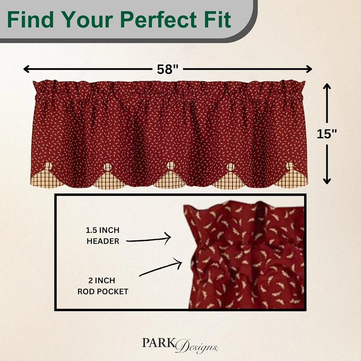 Park Designs Red Apple Jack Lined Scallop Valance - 58" x 15" | Farmhouse Window Treatment | Country Chic Plaid Curtain | Rod Pocket Panel for Kitchen, Living Room, or Bathroom