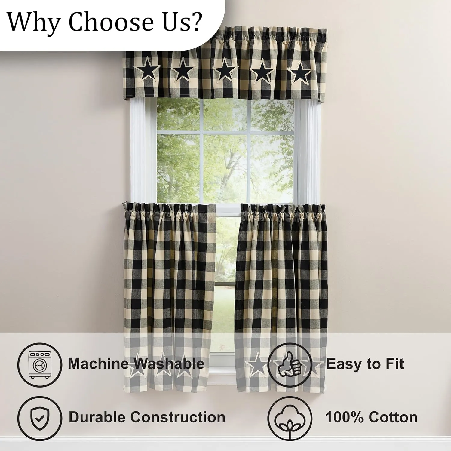 Park Designs Wicklow Star Black Valance 60" x 14", Plaid Tan and Black Window Valances, Window Dressings for Americana Country Style Decor