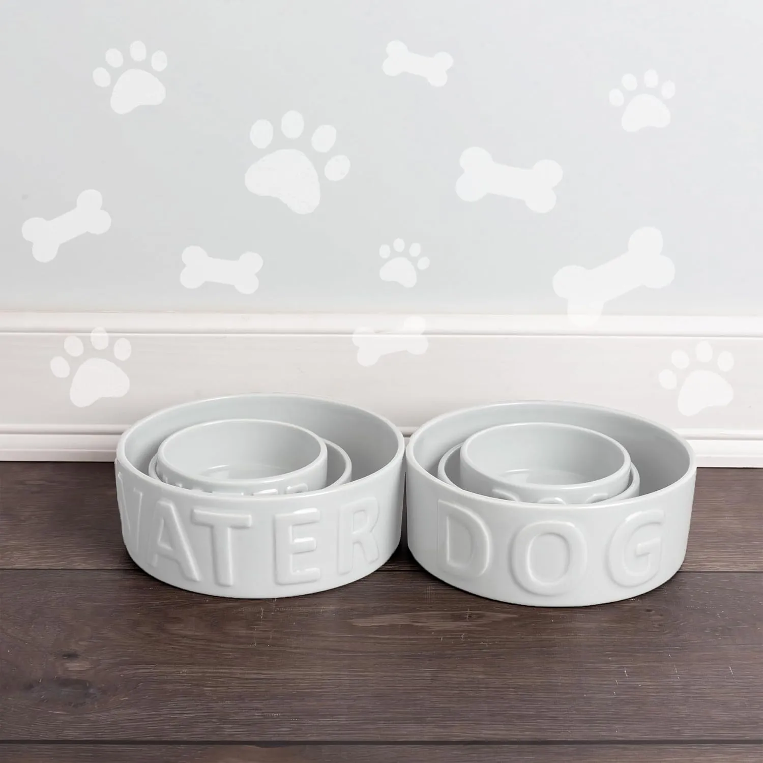 Park Life Ceramic Pet Bowls – Food Water Bowls for Dogs and Cats - Cute Pet Bowl for Small Medium and Large Size Dogs and Cats - Puppy Bowls (Large, White)