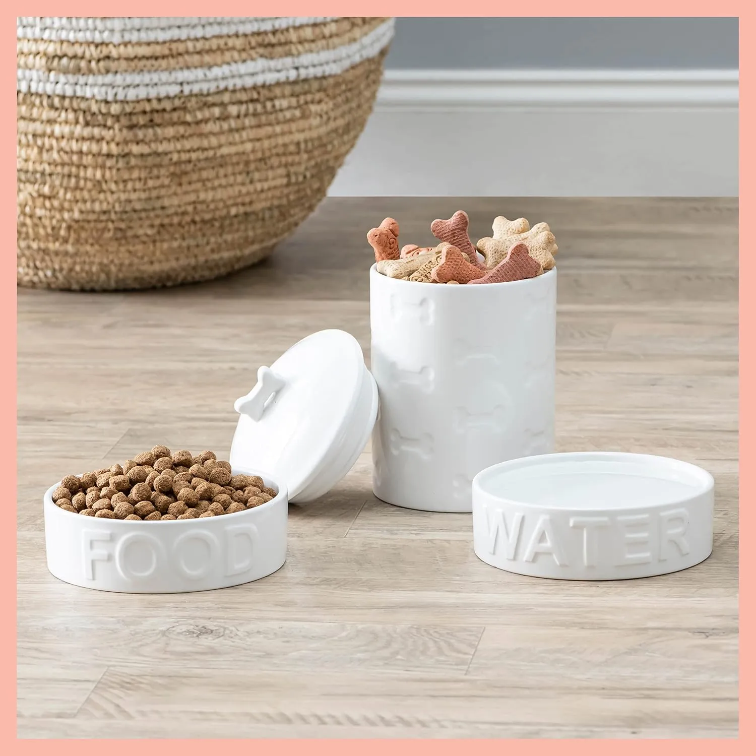 Park Life Ceramic Pet Bowls – Food Water Bowls for Dogs and Cats - Cute Pet Bowl for Small Medium and Large Size Dogs and Cats - Puppy Bowls (Large, White)