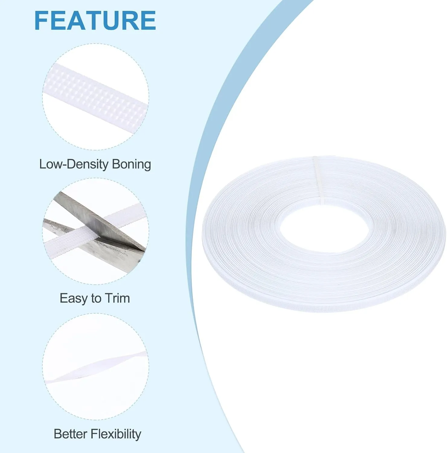PATIKIL 45 Yards 10mm Polyester Boning for Sewing, Sew-Through Low-Density Boning for Wedding Dress, Hat, Corsets, Handbags, DIY Crafts, White