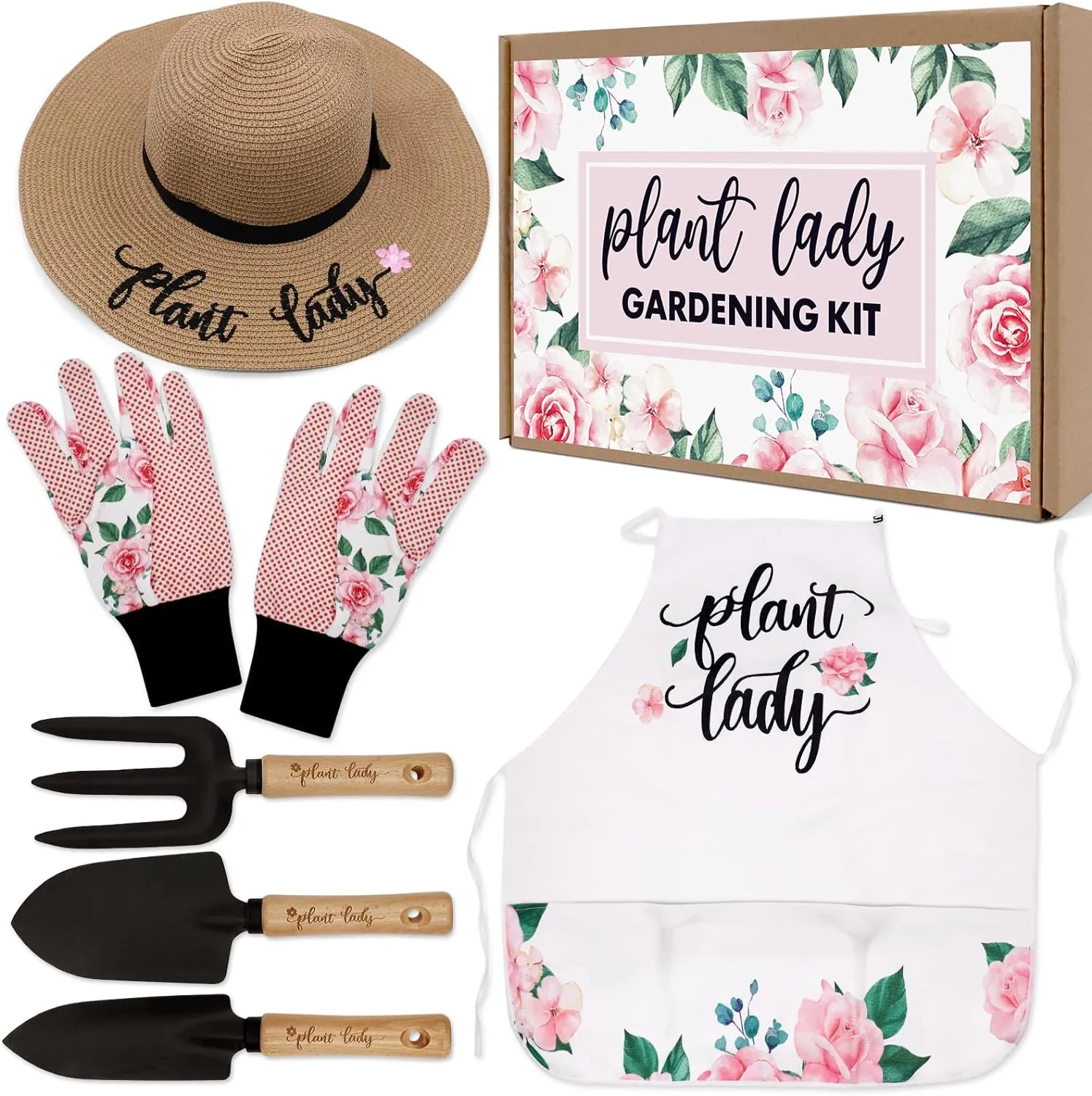 Percozzi Plant Lady Gardening Tool Gifts for Mom Gardening Tools Kit Planting Tools Straw Hat Floral Apron Glove for Her Mother's Day Grandmother Gift Horticulture Starter Set of 6