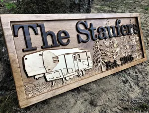 Personalized Camping Sign | Fifth Wheel Decor | Custom Camper Sign | Carved Wood Campsite Sign | Wooden RV Decor | RV Signs | Last Name 5th Wheel Trailer Decor | Camping Gift