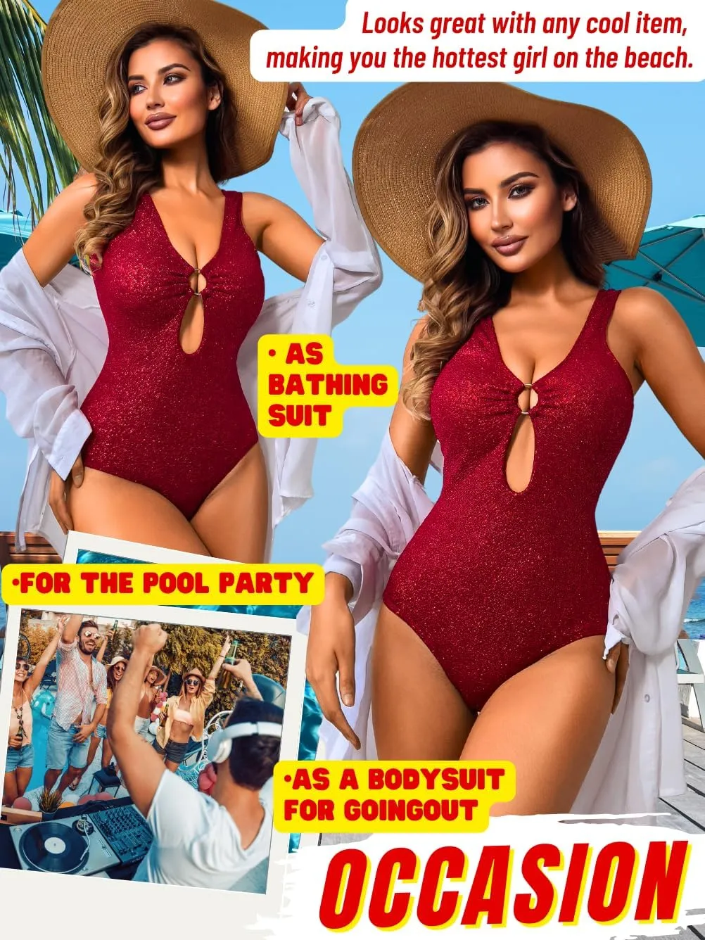 Petite Metallic Swimsuits for Women,Sparkly Glitter Keyhole Sexy Bodysuit,Cheeky One Piece Swimsuit Beach Concert