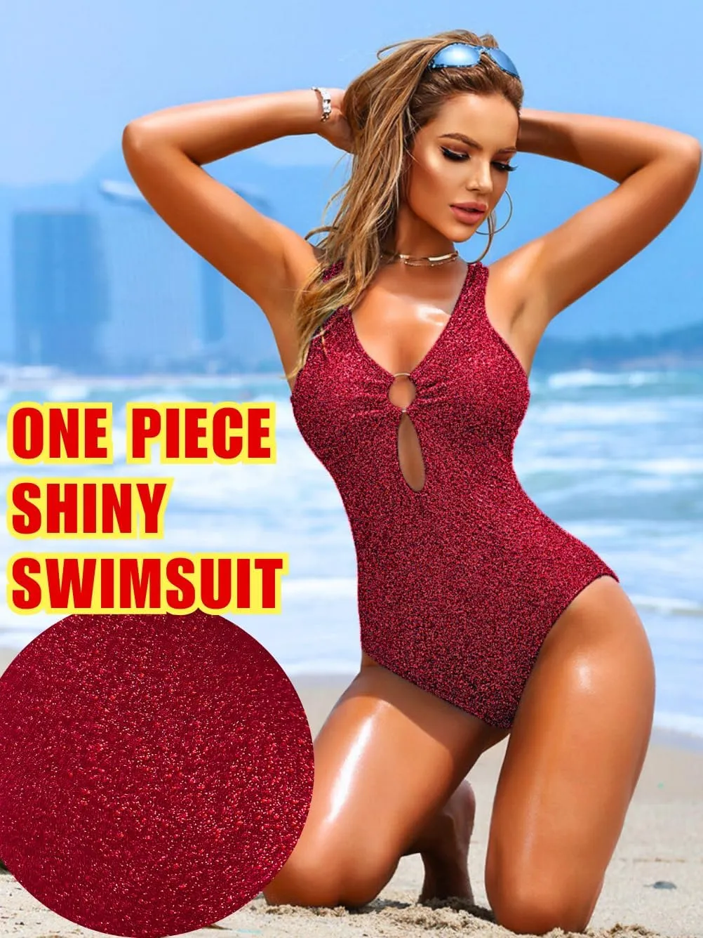 Petite Metallic Swimsuits for Women,Sparkly Glitter Keyhole Sexy Bodysuit,Cheeky One Piece Swimsuit Beach Concert