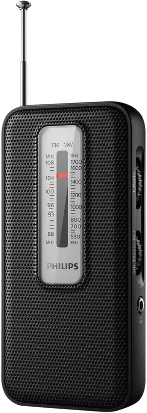 PHILIPS Portable AM FM Radio, Battery Operated, Tuning Light, Excellent Reception Black TAR1506