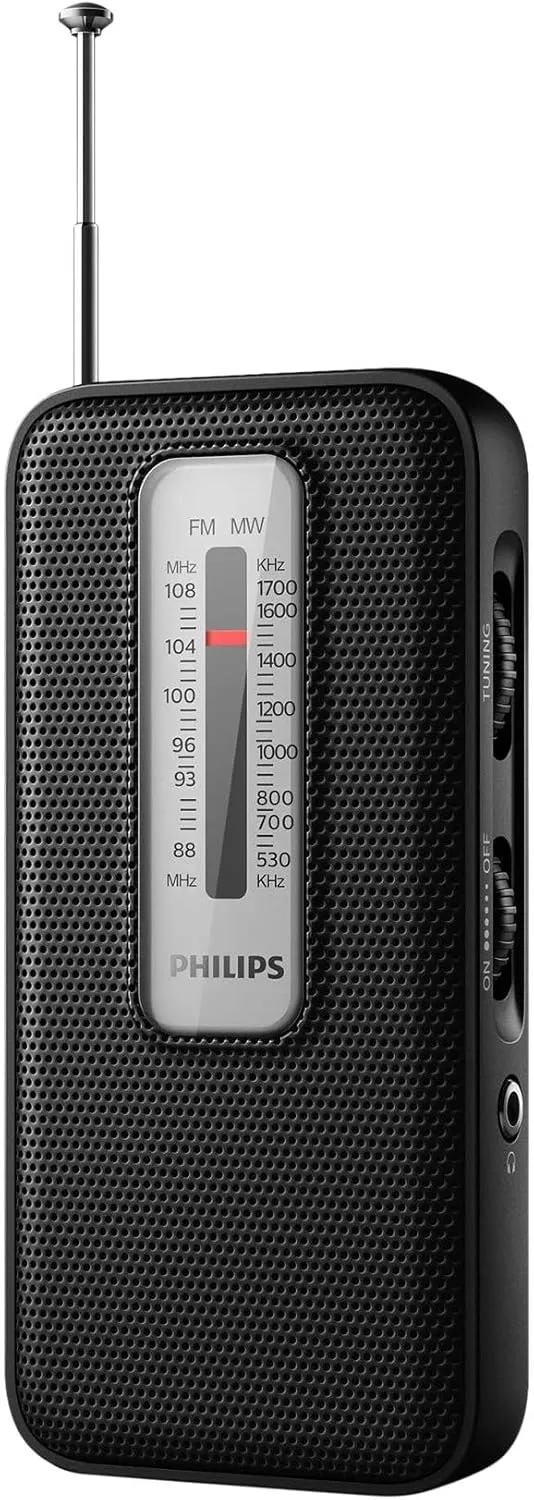 PHILIPS Portable AM FM Radio, Battery Operated, Tuning Light, Excellent Reception Black TAR1506