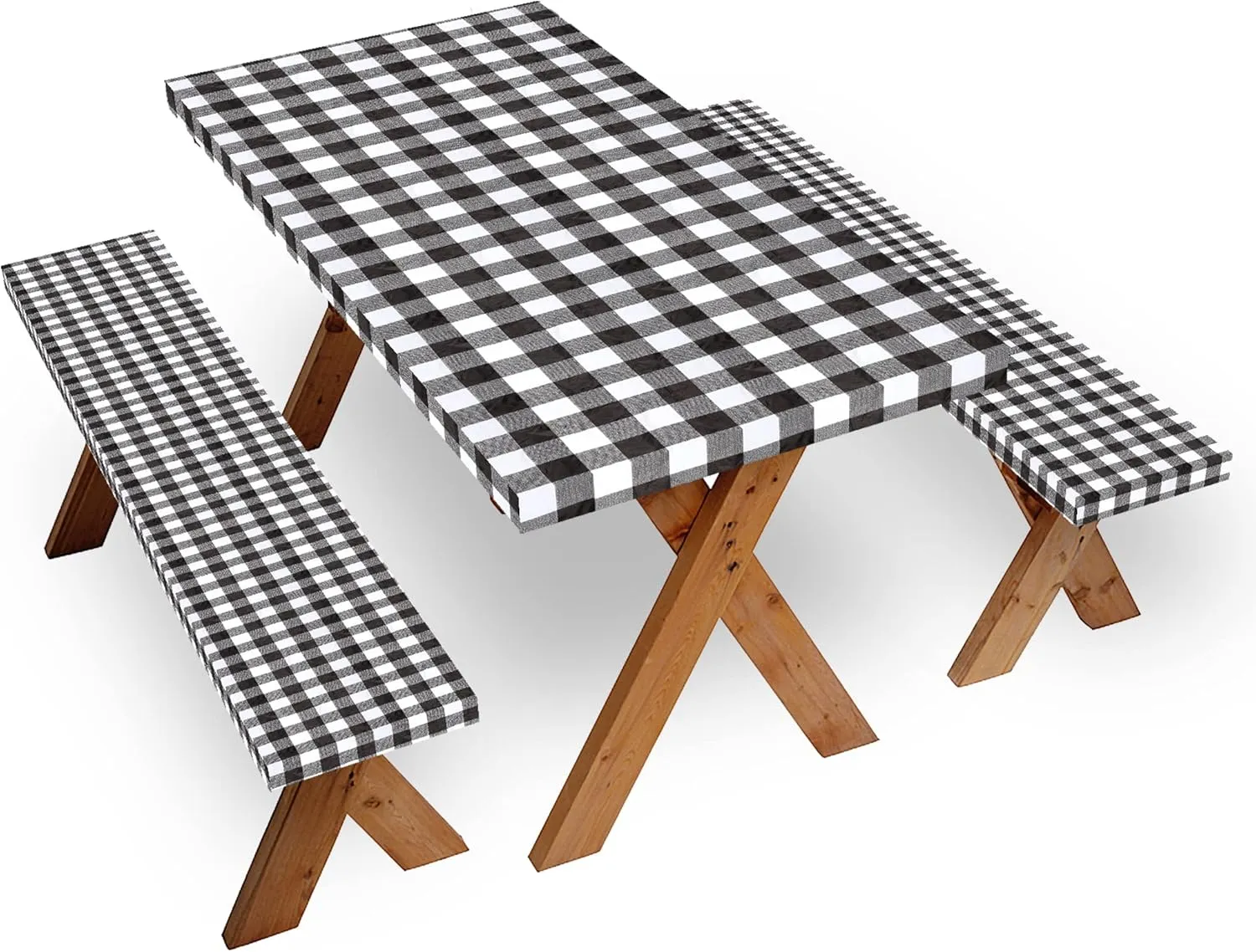 Picnic Table Covers with Bench Covers Set Elastic Fitted Tablecloth 6 FT for Outdoor Camping 3 piece (Black and White )
