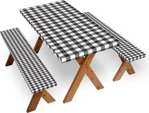 Picnic Table Covers with Bench Covers Set Elastic Fitted Tablecloth 6 FT for Outdoor Camping 3 piece (Black and White )