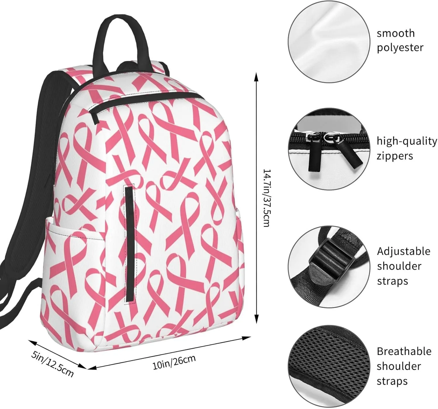 Pink Breast Cancer Ribbon Backpack Bookbag Outdoor Daypack with Adjustable Shoulder Straps Multipurpose Backpack
