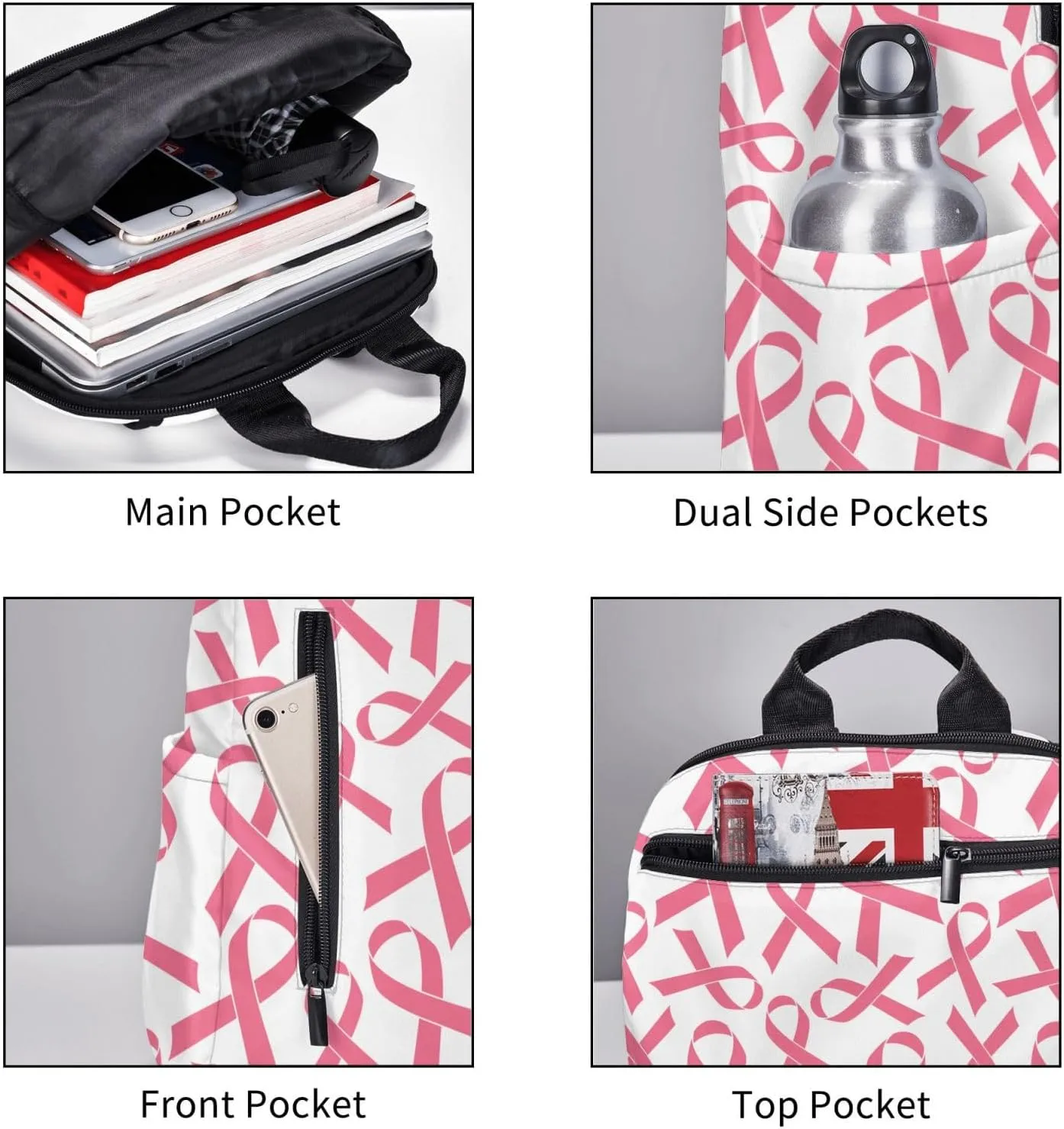 Pink Breast Cancer Ribbon Backpack Bookbag Outdoor Daypack with Adjustable Shoulder Straps Multipurpose Backpack