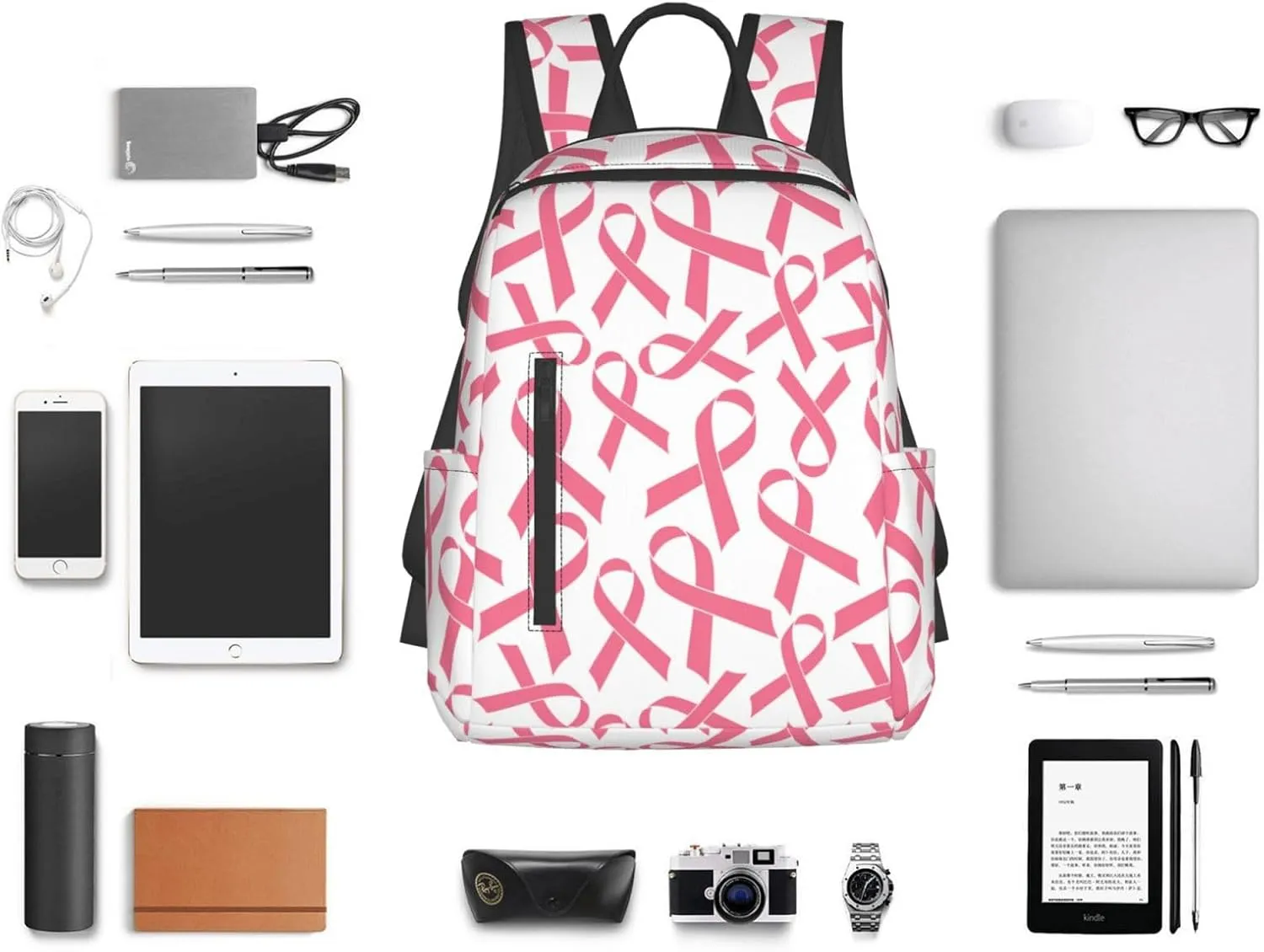 Pink Breast Cancer Ribbon Backpack Bookbag Outdoor Daypack with Adjustable Shoulder Straps Multipurpose Backpack