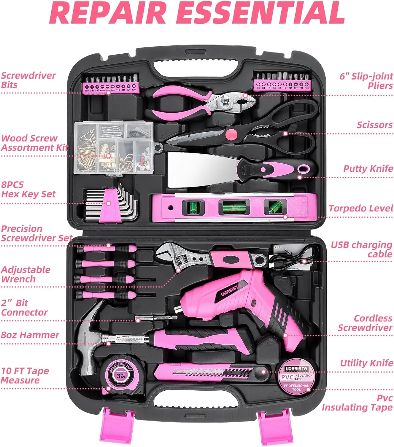 Pink Household Tool Set with 3.6V USB Electric Screwdriver, 136 PCS Home Tool Kit with Cordless Lithium-ion Drill Driver, Hand Tool Kits for Women