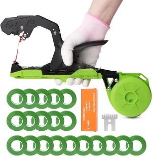 Plant Tying Machine with Green Tape, Tapener Tying Tool for Tomato, 420g Plant Tape Gun for Climbing Plants, 10000pcs Staples 20 Rolls Tape (Green)