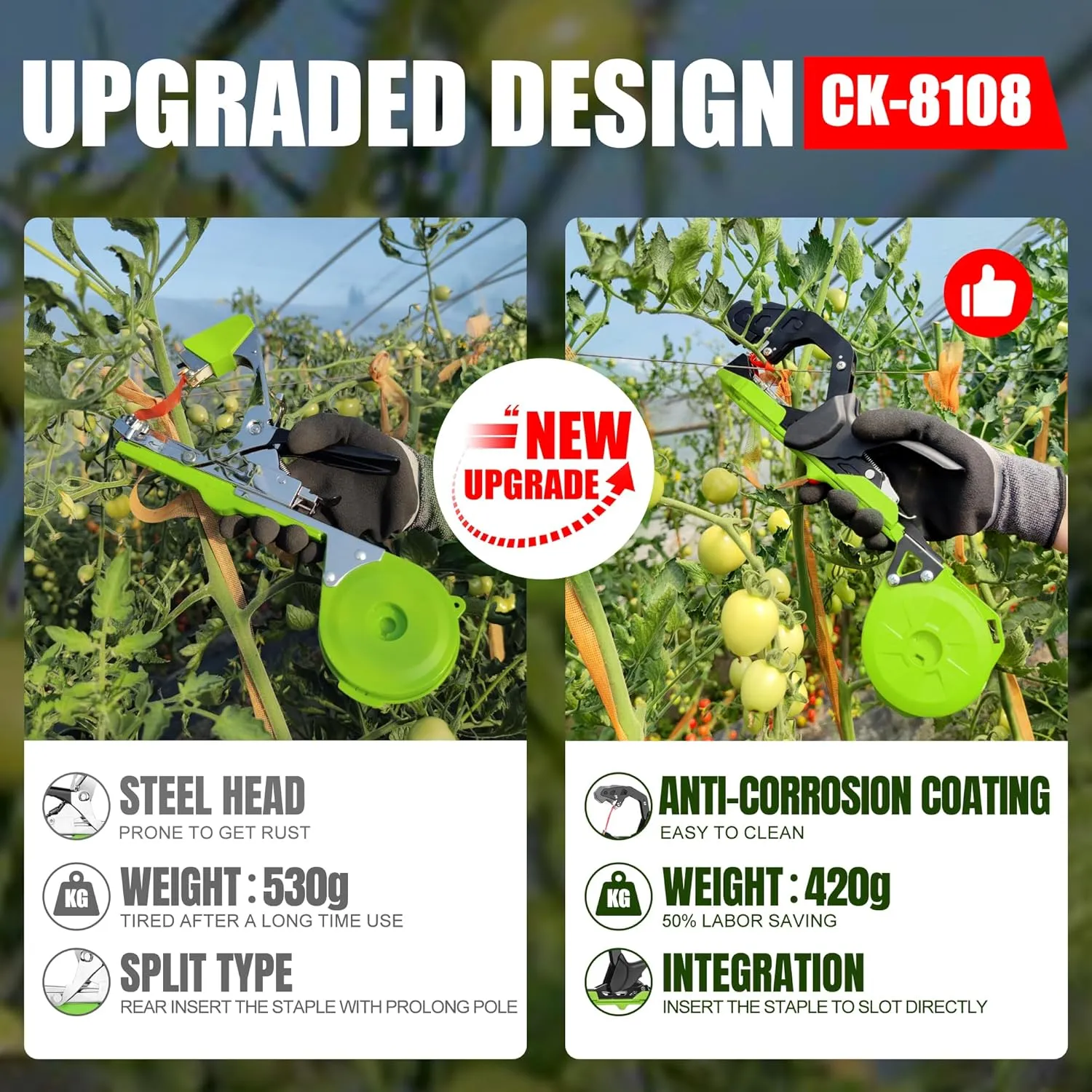 Plant Tying Machine with Green Tape, Tapener Tying Tool for Tomato, 420g Plant Tape Gun for Climbing Plants, 10000pcs Staples 20 Rolls Tape (Green)