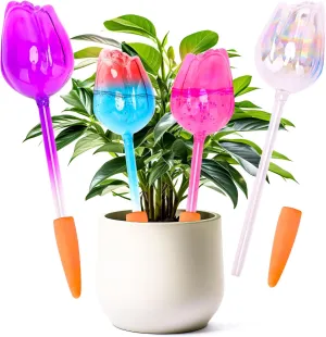 Plant Watering Globes Tulips, 4 Pcs Self Watering Globes,Automatic Plant Watering Devices, Self Watering Planter Insert with Watering Spikes,Glass Watering Bulbs for Indoor & Outdoor Plants