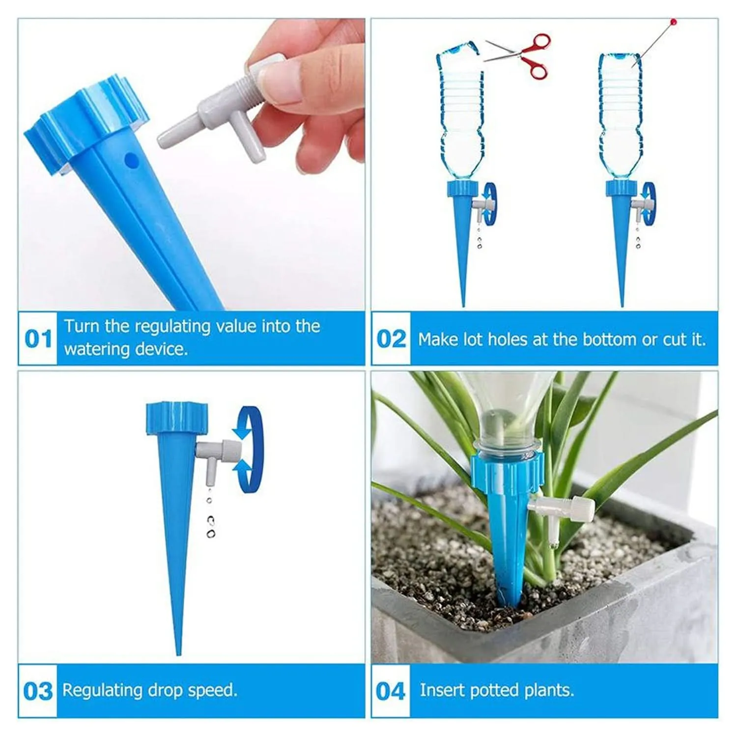 Plant Watering Spikes Self Watering Spikes Water Dripper For Plants Adjustable Plant Watering Devices With Slow Release Control Valve Switch (4 pcs)