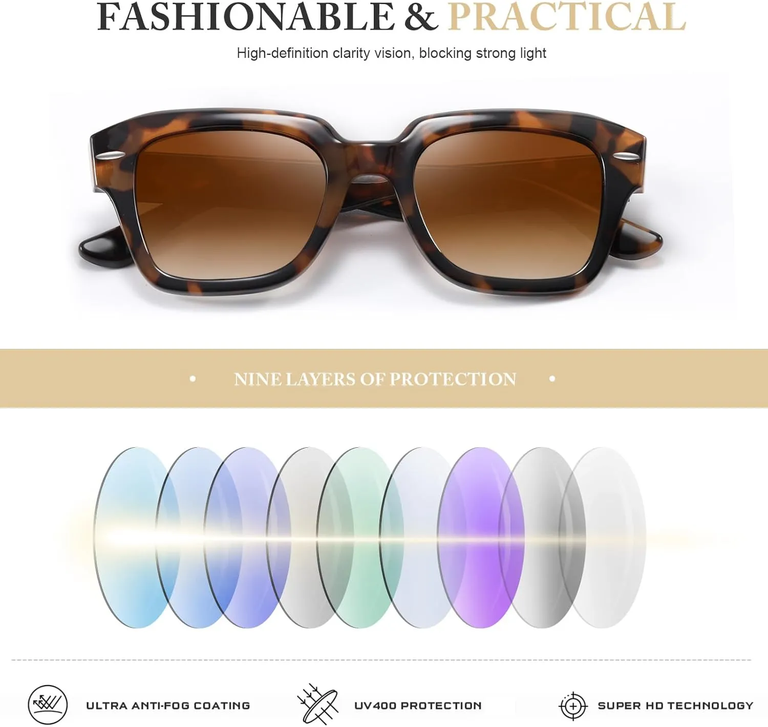 Polarized Sunglasses Womens Classic Retro Square Shape Sunglasses for Women Men Driving Fishing UV Protection
