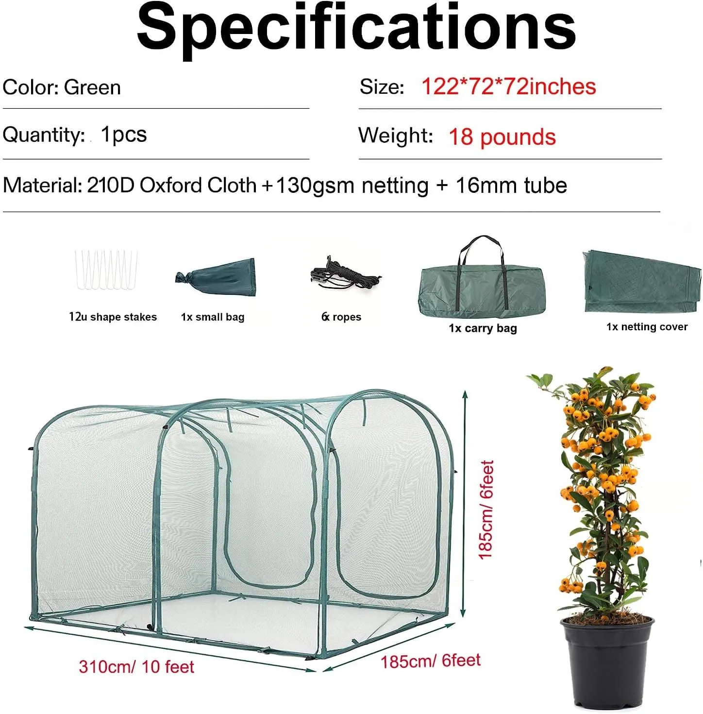 Poray Large Tunnel 10FTx6FT Plant Netting Cover, 6FT Tall Crop Cage Tomato Netting,Pest Guard Cover for Vegetables &Fruits,Durable Gardening Net for Plant and Animal