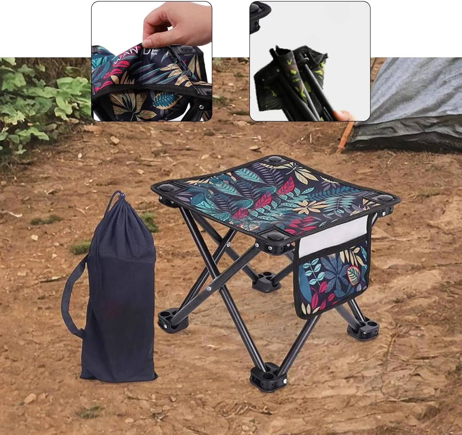 Portable Camping Stool with Side Pocket Mini Folding Stool Seat Lightweight Fold up Chair for Lawn Fishing Traveling Picnic