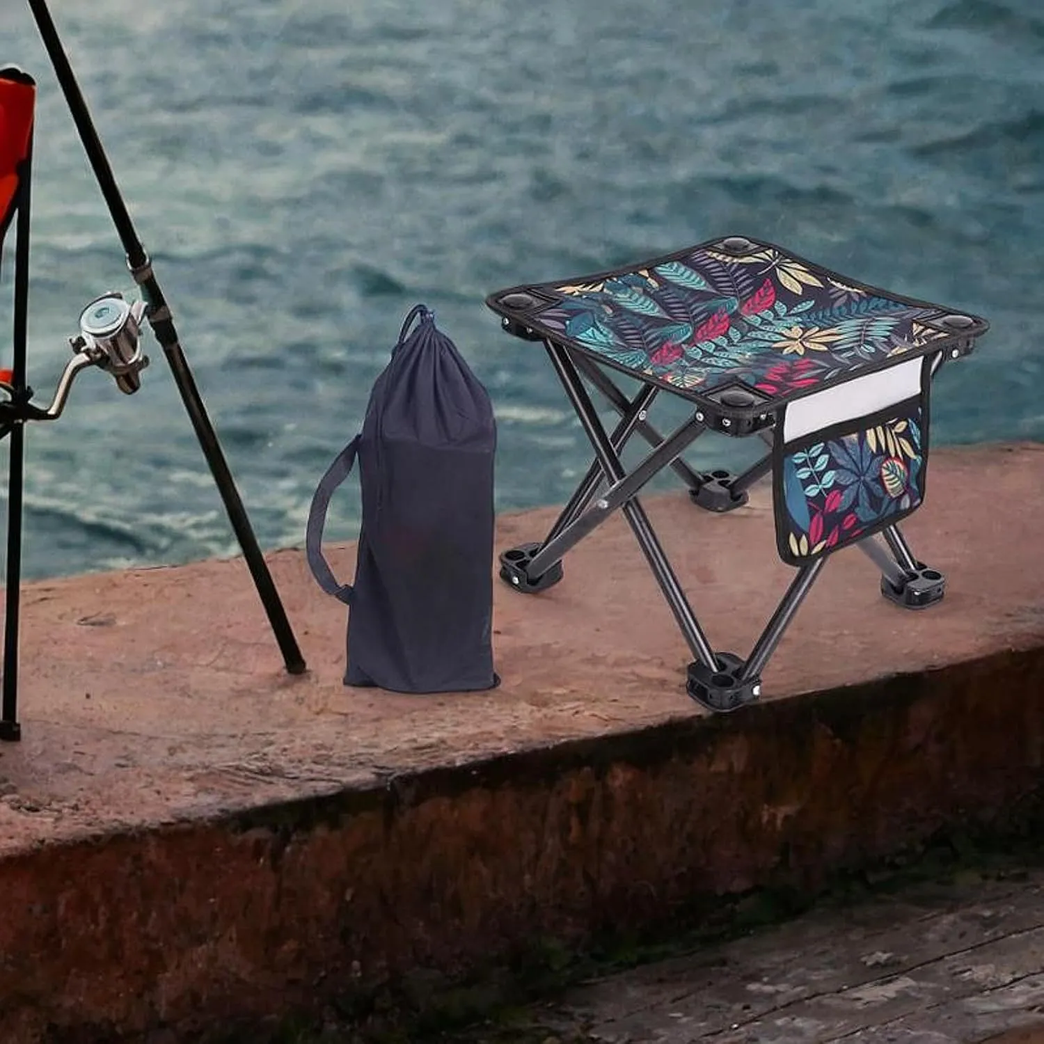 Portable Camping Stool with Side Pocket Mini Folding Stool Seat Lightweight Fold up Chair for Lawn Fishing Traveling Picnic
