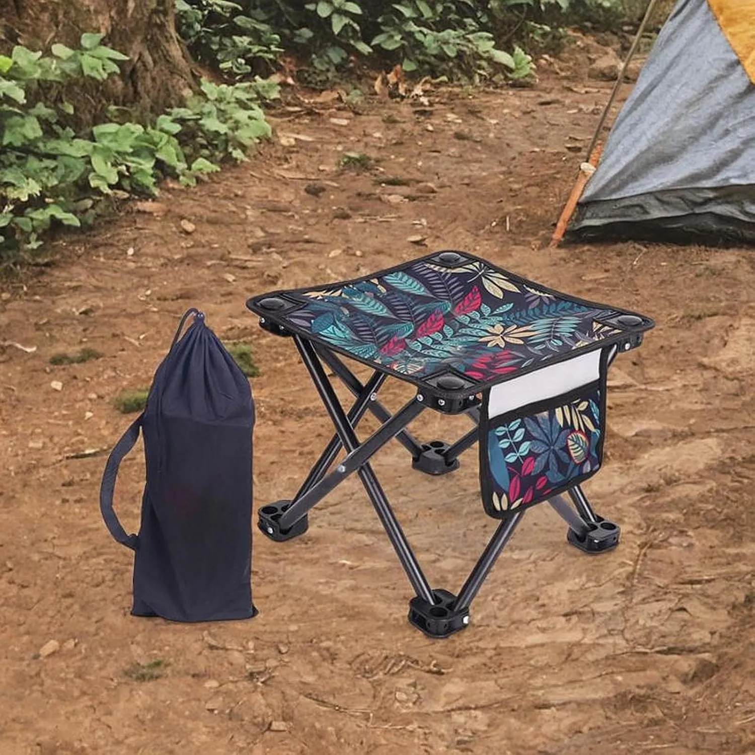 Portable Camping Stool with Side Pocket Mini Folding Stool Seat Lightweight Fold up Chair for Lawn Fishing Traveling Picnic