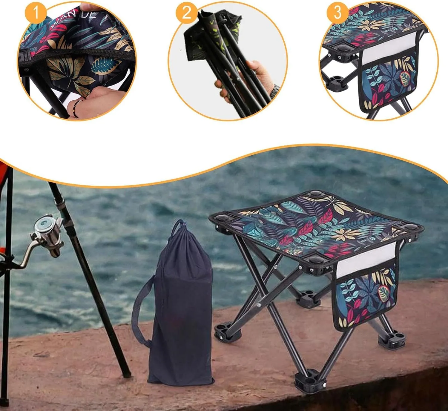 Portable Camping Stool with Side Pocket Mini Folding Stool Seat Lightweight Fold up Chair for Lawn Fishing Traveling Picnic