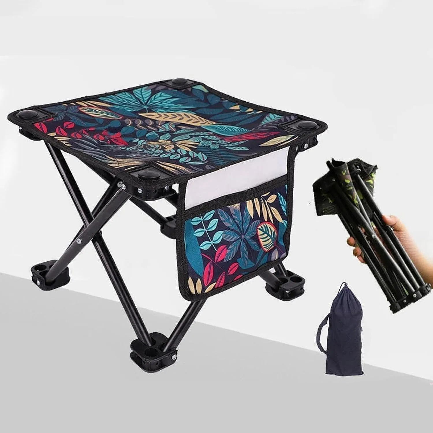 Portable Camping Stool with Side Pocket Mini Folding Stool Seat Lightweight Fold up Chair for Lawn Fishing Traveling Picnic