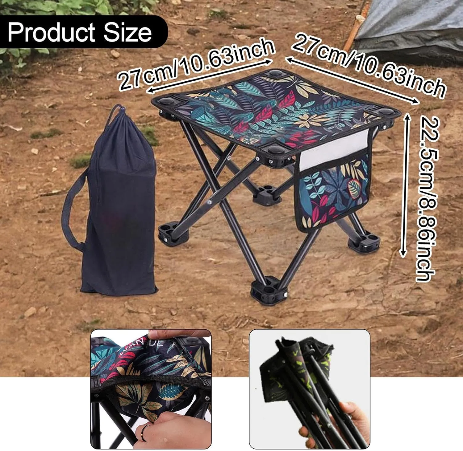 Portable Camping Stool with Side Pocket Mini Folding Stool Seat Lightweight Fold up Chair for Lawn Fishing Traveling Picnic