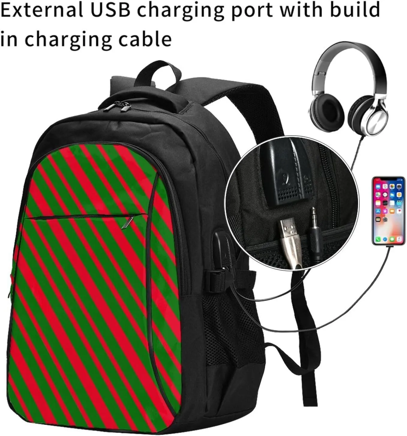 Portugal Portuguese Flag Stripe Business Laptop Backpack Travel Backpacks Outdoor Rucksack Large Bag Daypack with USB Charging Port Multi-Pocket for Hiking Camping