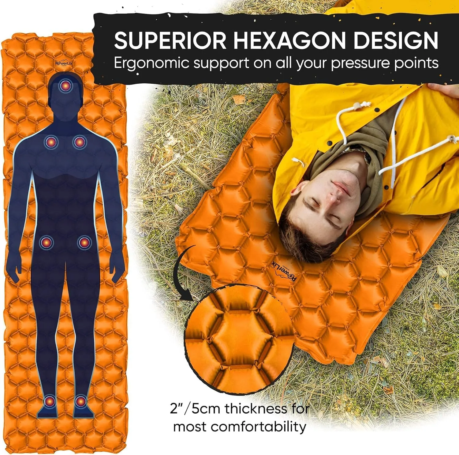 POWERLIX Ultralight Inflatable Camping Sleeping Pad - Camping Mattress for Backpacking, Hiking, Compact Lightweight Air Pad for Camping, Inflation Hand Pump Bag/Repair Kit Included