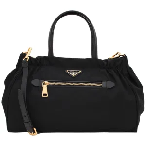 Prada 1BA843 Tessuto Nylon & Saffiano Leather Trim Top Zip Bag- Black