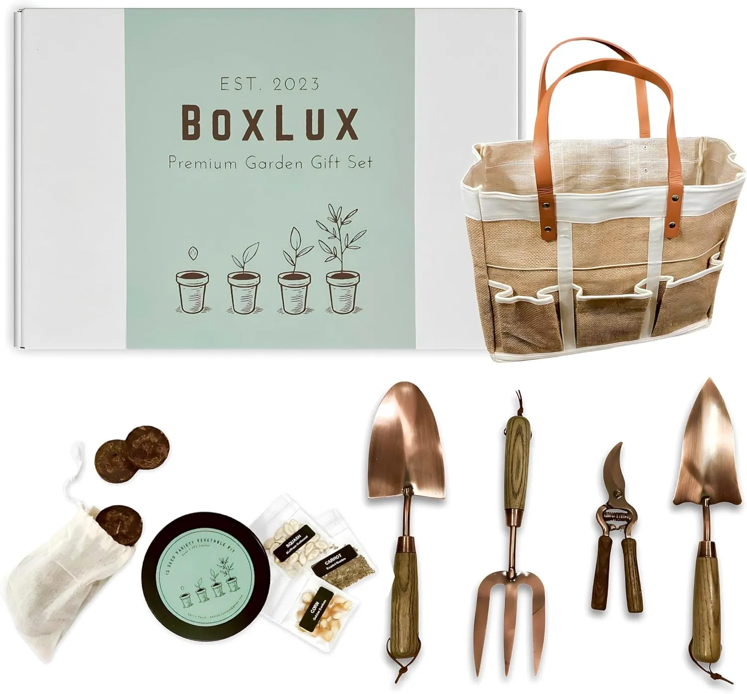 Premium Gardening Tools Gift Set, Over 1,700 Non GMO Vegetable Seeds, Copper Steel Tools for Planting, Garden Tool Kit for Women with Handbag and Coco Coir Soil Pellets, Birthday Gift Box
