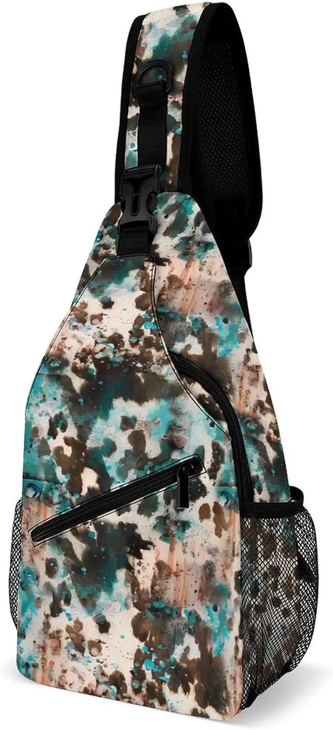 Primitive Cowboy Cowhide Western Brown Turquoise Sling Bags Men And Women Shoulder Backpack Chest Bag Cross Body Chest Sling Backpack.