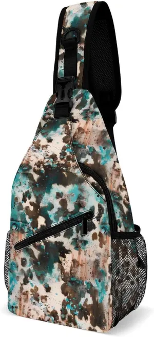 Primitive Cowboy Cowhide Western Brown Turquoise Sling Bags Men And Women Shoulder Backpack Chest Bag Cross Body Chest Sling Backpack.