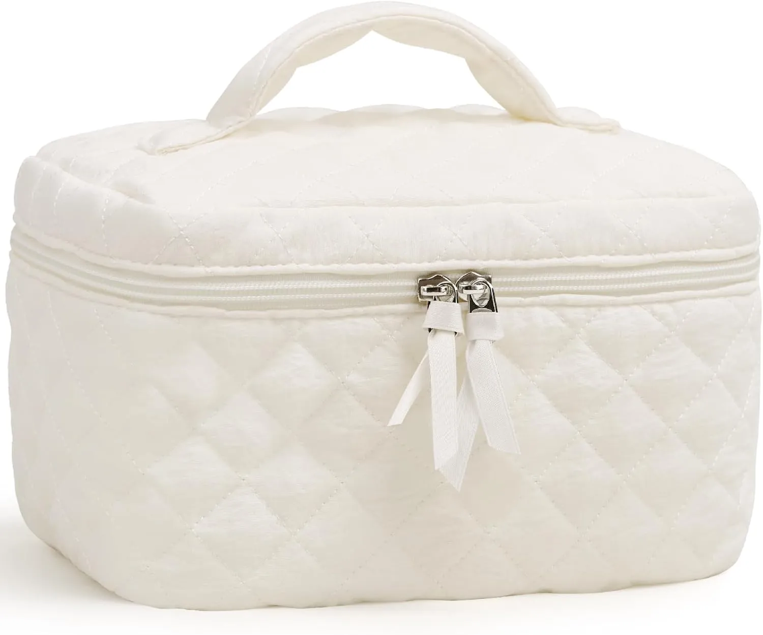 Prite Cotton Makeup Bag Quilted Makeup Bag Large Floral Cosmetic Bag for Women Cute Travel Toiletry Bag with Handle(Beige)