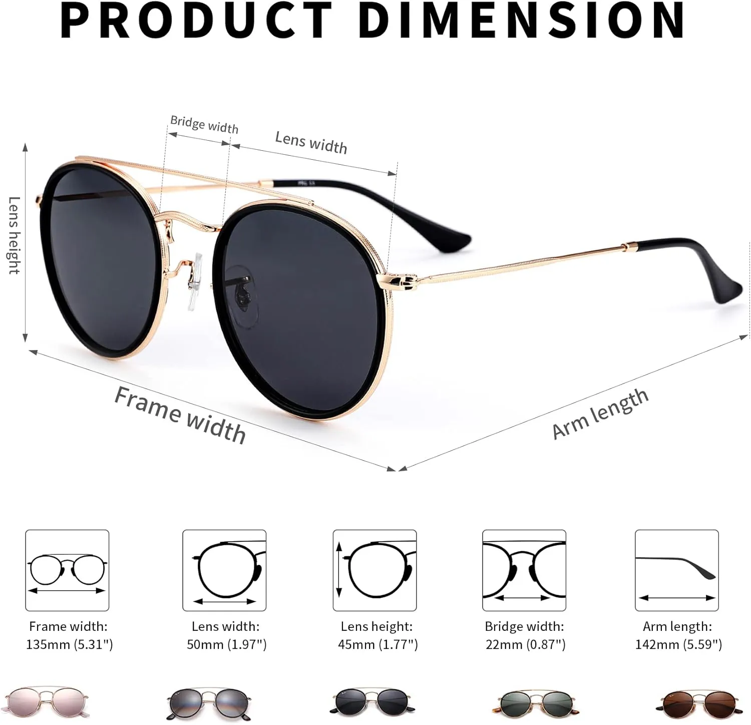 Pro Acme Double Bridge Round Sunglasses for Women Men 100% Real Glass Lens Retro UV400 Protection Retro Circle Sun Glasses