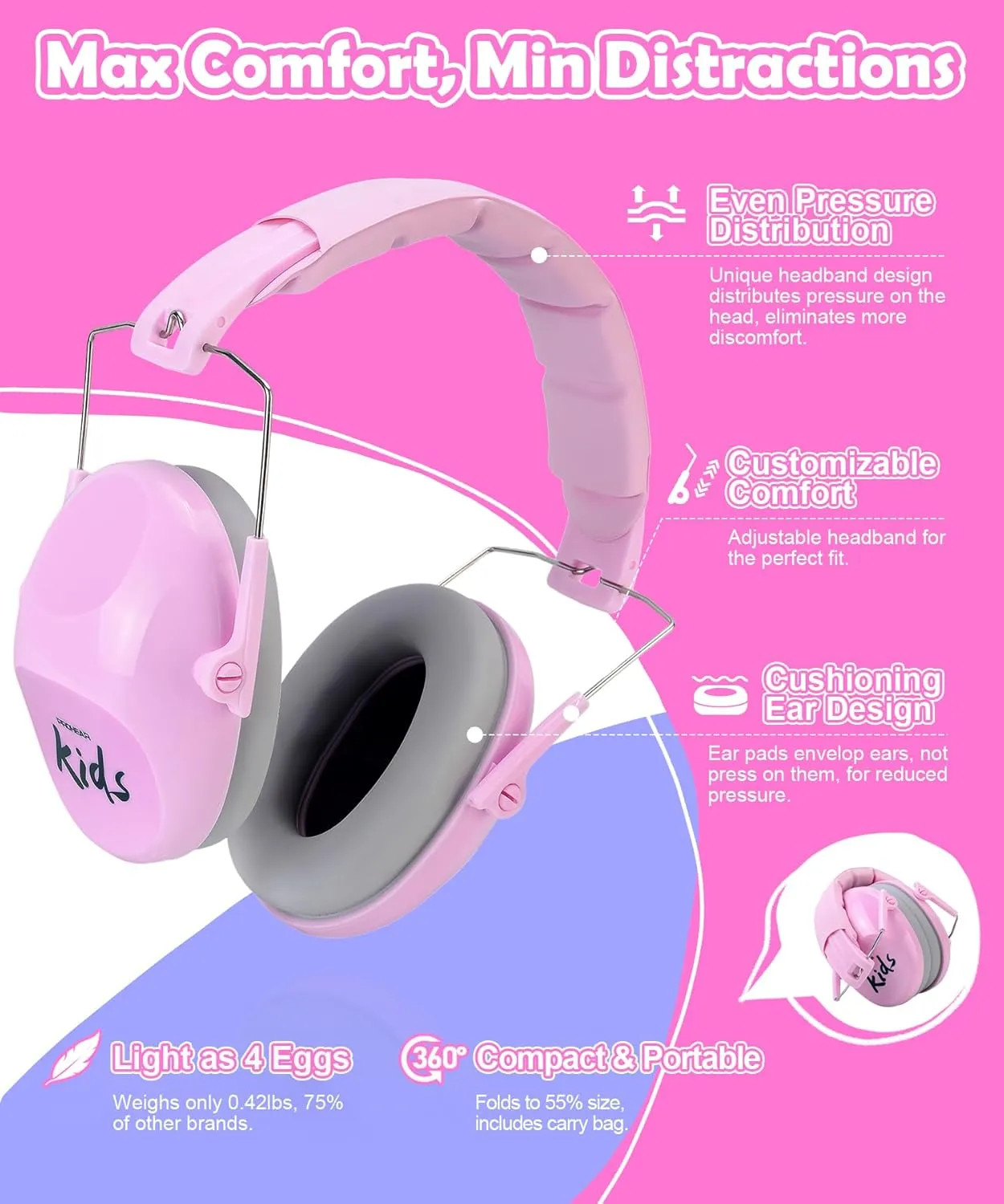 PROHEAR 032 2.0 Noise Cancelling Headphones for Kids - 25dB Noise Reduction - Adjustable Sensory Ear Protection Muffs for Concert, Fireworks, Monster Truck Shows, School - Bunny Nose Pink