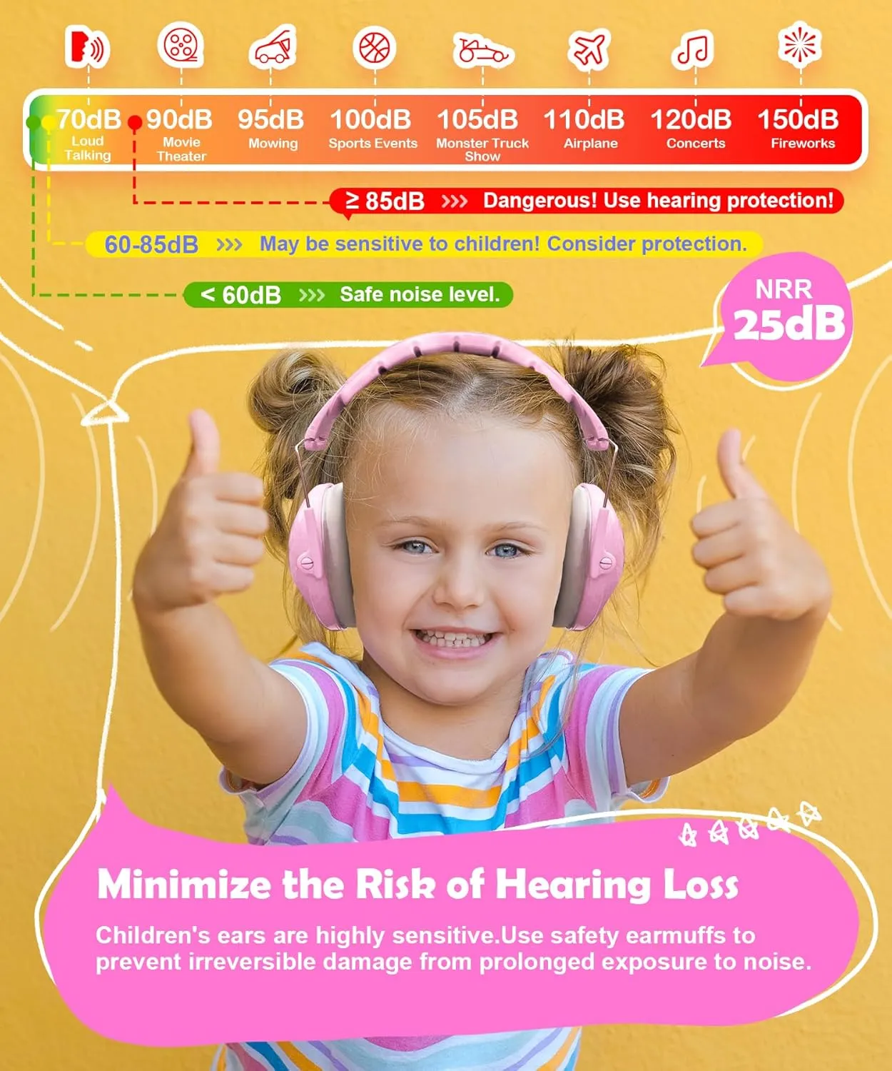 PROHEAR 032 2.0 Noise Cancelling Headphones for Kids - 25dB Noise Reduction - Adjustable Sensory Ear Protection Muffs for Concert, Fireworks, Monster Truck Shows, School - Bunny Nose Pink