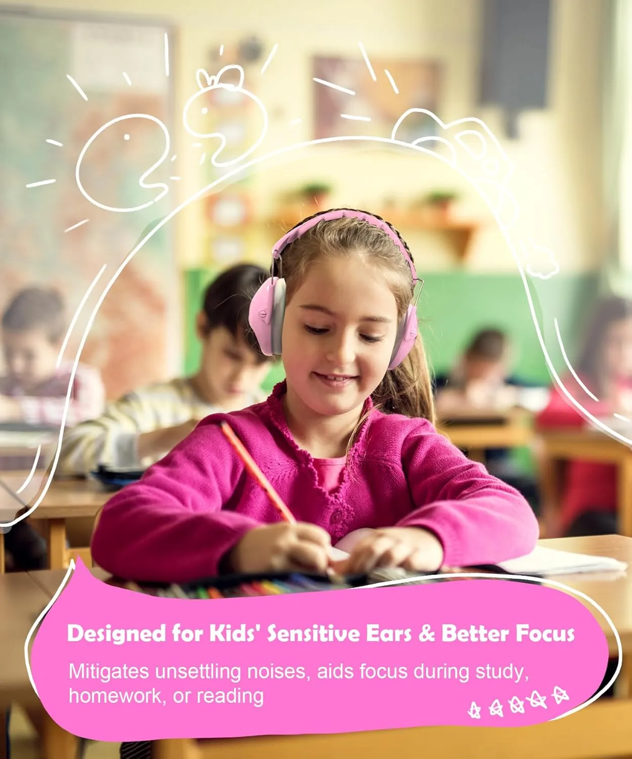 PROHEAR 032 2.0 Noise Cancelling Headphones for Kids - 25dB Noise Reduction - Adjustable Sensory Ear Protection Muffs for Concert, Fireworks, Monster Truck Shows, School - Bunny Nose Pink