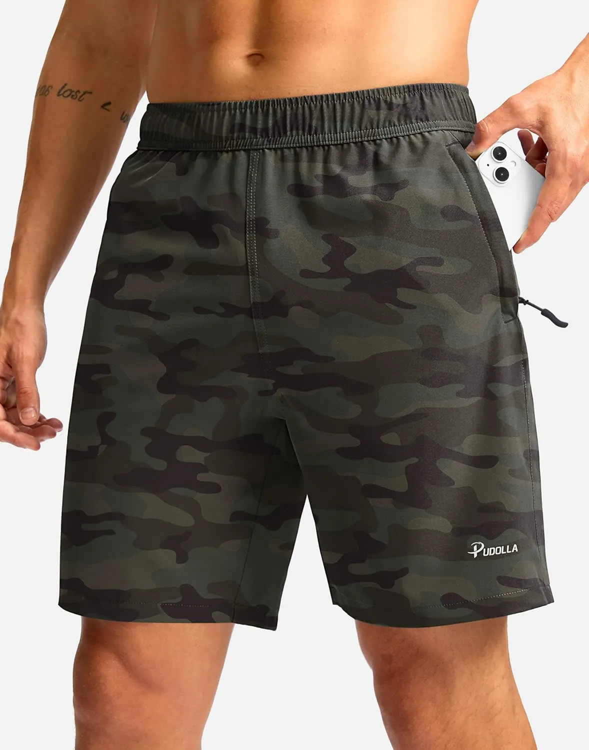 Pudolla Men's Athletic Hiking Shorts Lightweight Workout Gym Shorts for Men Outdoor Casual Travel with 3 Zipper Pockets