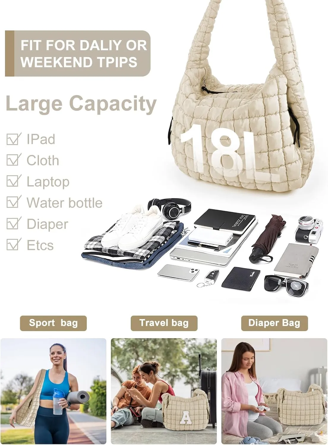 Puffer Tote Bag for Women initial Tote Bag Quilted Large Carryall Bag Puffy Cross-body Bag Hobo Handbags