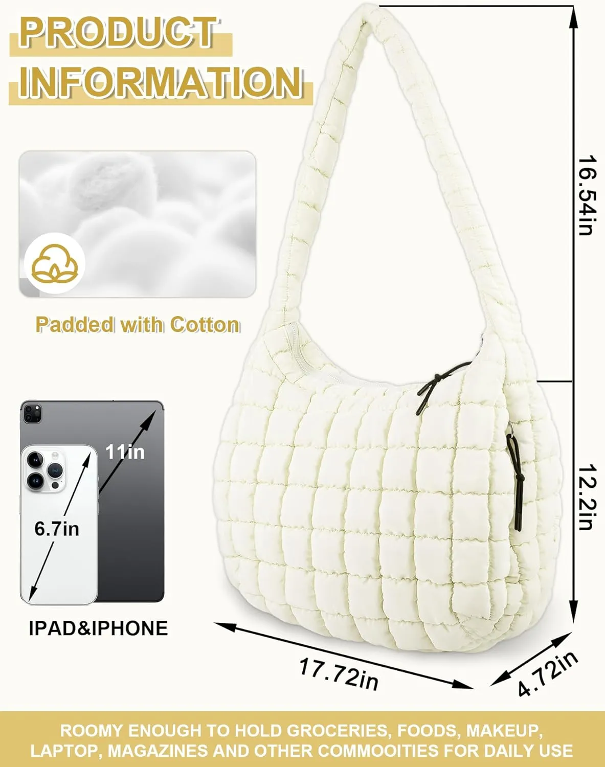 Puffer Tote Bag for Women, Large Quilted Tote Bag Puffy Crossbody Bag with Zipper, Nylon Quilted Carryall Bag Hobo Handbags