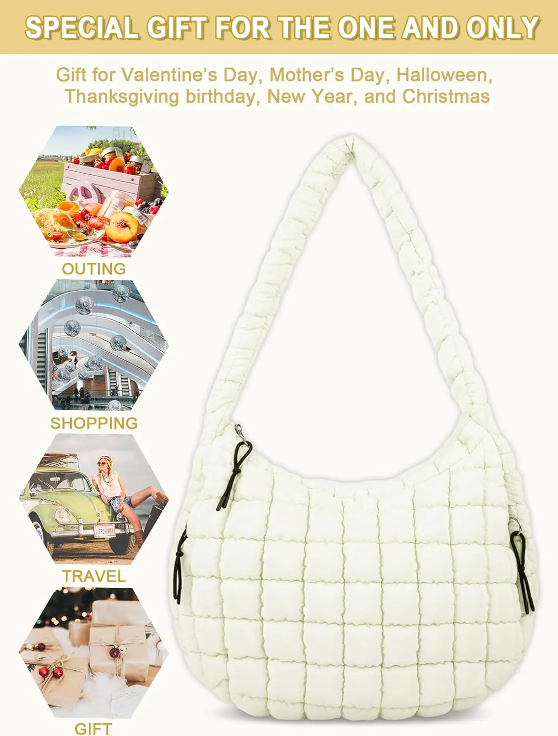 Puffer Tote Bag for Women, Large Quilted Tote Bag Puffy Crossbody Bag with Zipper, Nylon Quilted Carryall Bag Hobo Handbags
