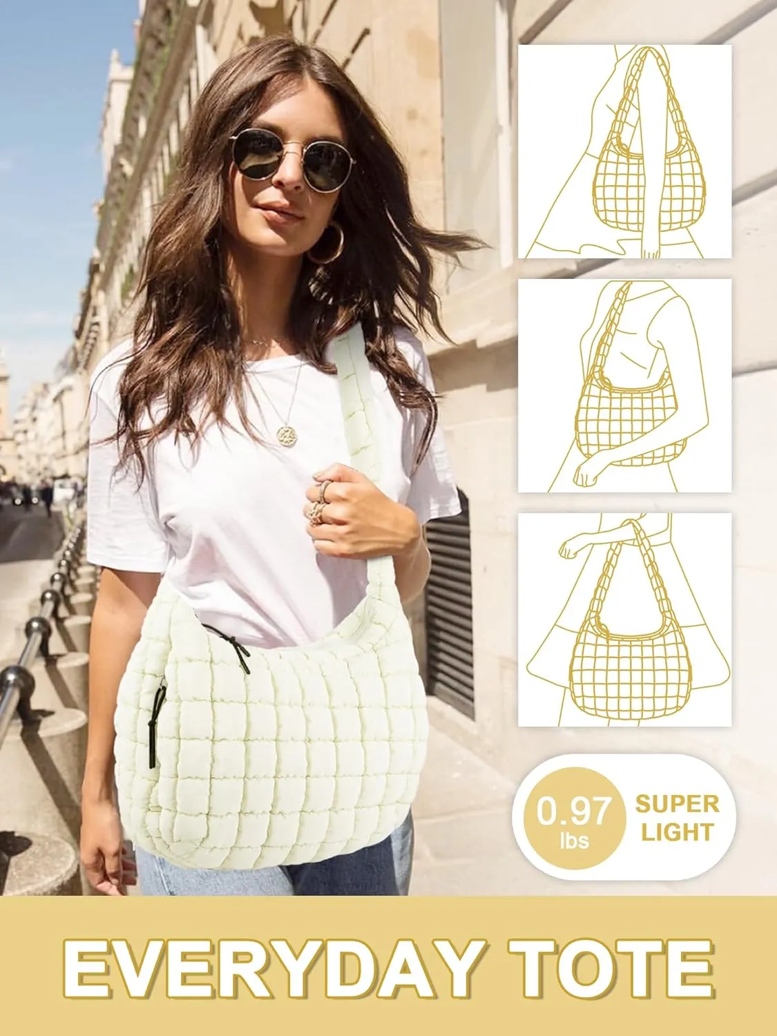 Puffer Tote Bag for Women, Large Quilted Tote Bag Puffy Crossbody Bag with Zipper, Nylon Quilted Carryall Bag Hobo Handbags