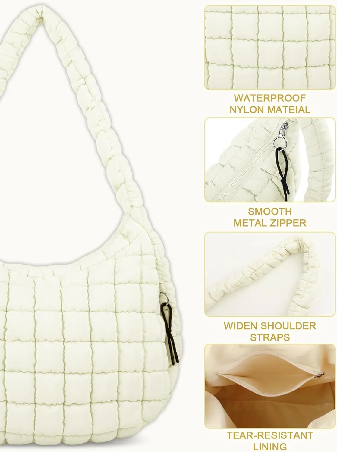 Puffer Tote Bag for Women, Large Quilted Tote Bag Puffy Crossbody Bag with Zipper, Nylon Quilted Carryall Bag Hobo Handbags