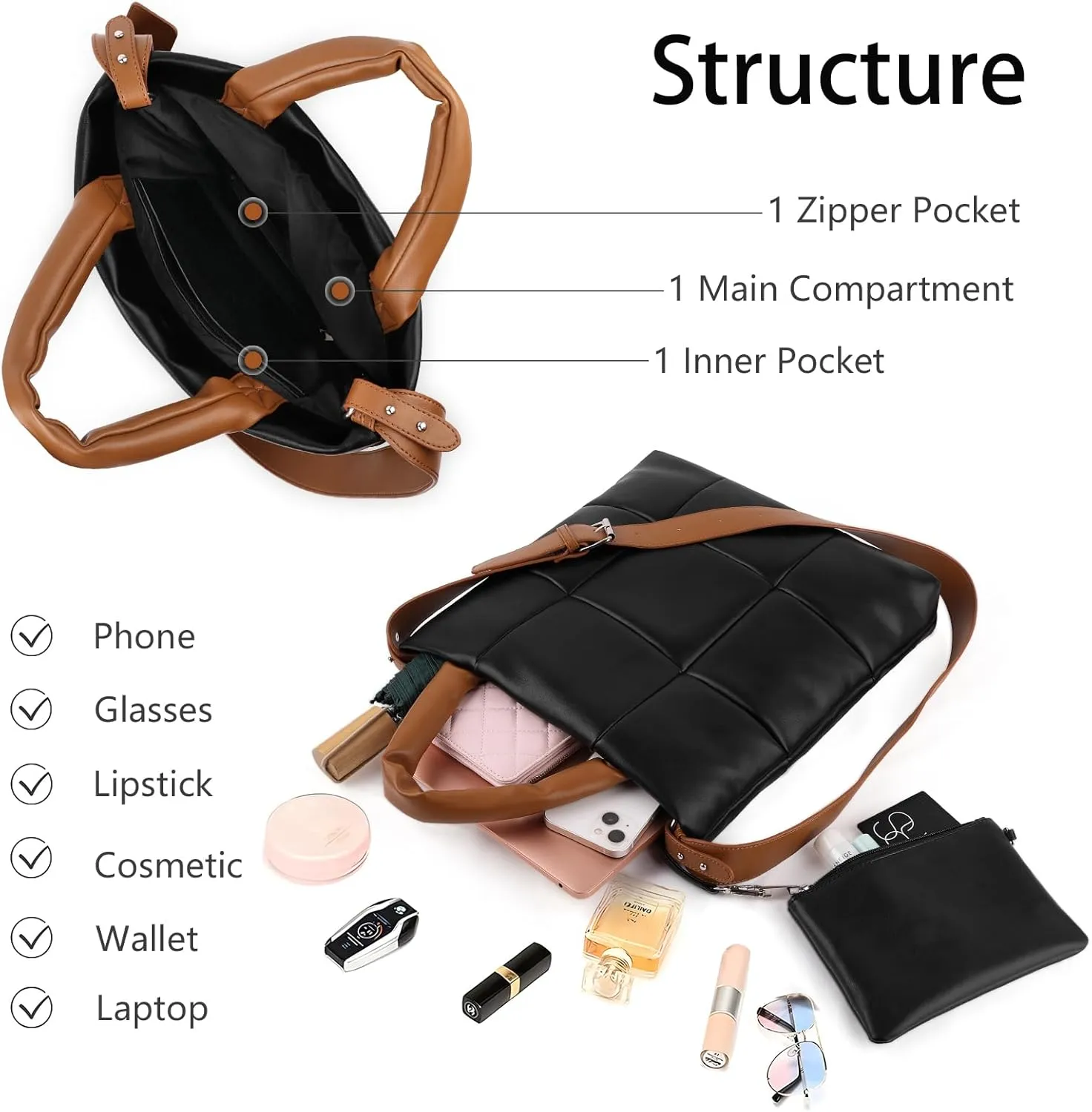 Puffer Tote Bag, Quilted Crossbody Bag with Zip, Top-Handle Shoulder Bags with Removable Strap, PU Leather Handbags for Women
